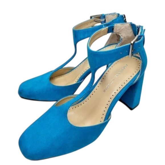 Adrienne Vittadini Mary Jane Size 6.5 Blue Poetic Block Heel Ankle Strap Heels - Picture 1 of 10